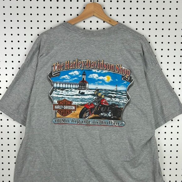Harley Davidson Motorcycle Biker TShirt XL Gray Michigan City Indiana Lighthouse - Picture 1 of 6